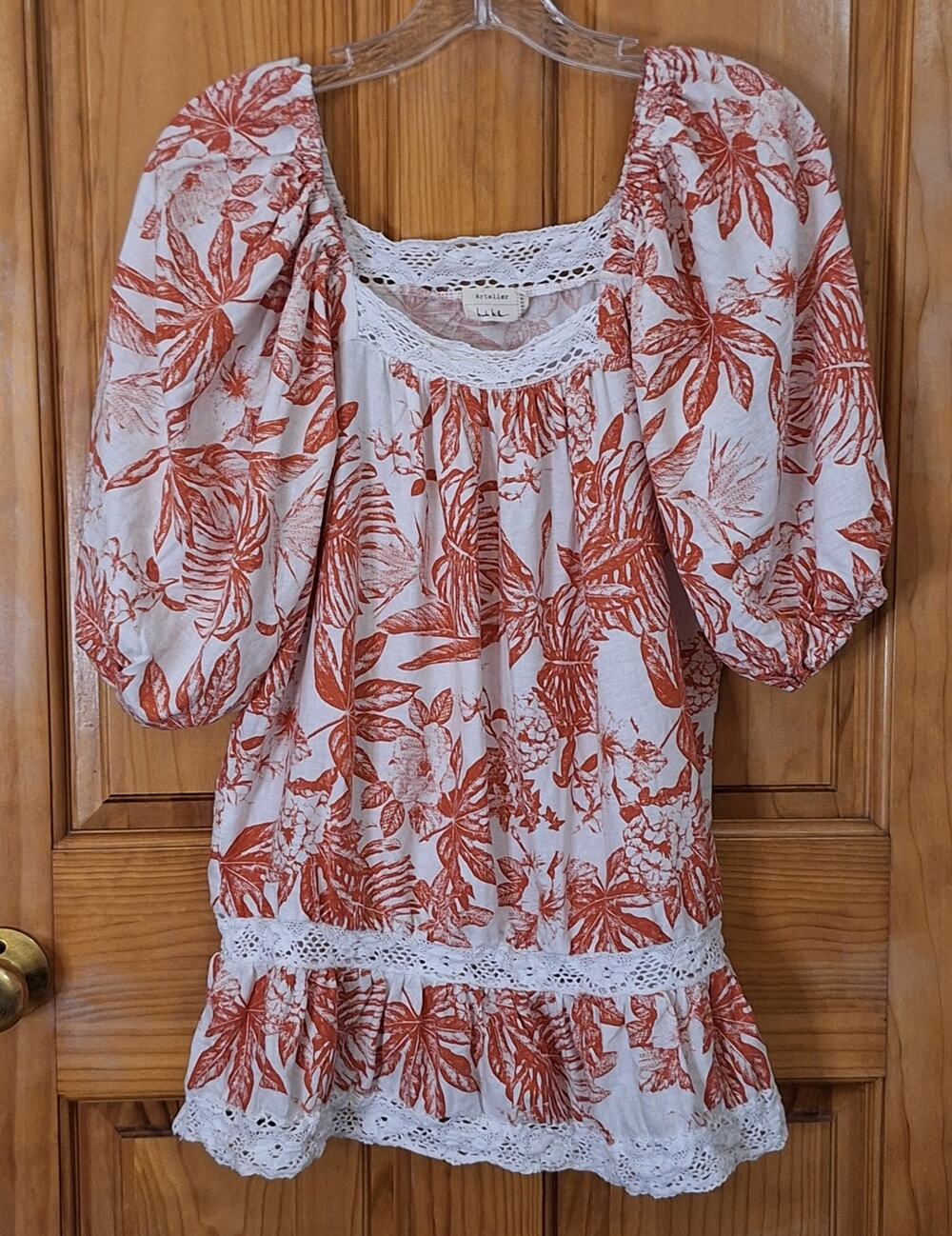 Nicole Miller Artelier Shirt Women Small Tropical Lace Linen Blend Floral Beachy